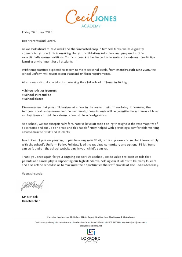Weather update letter Mon 29th June 2026