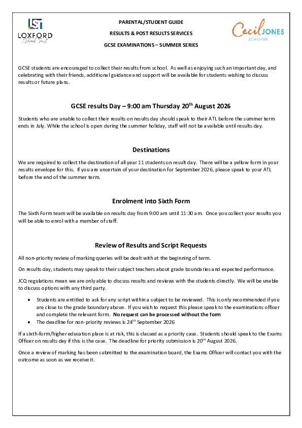 Y11 End of Year Results Day Info